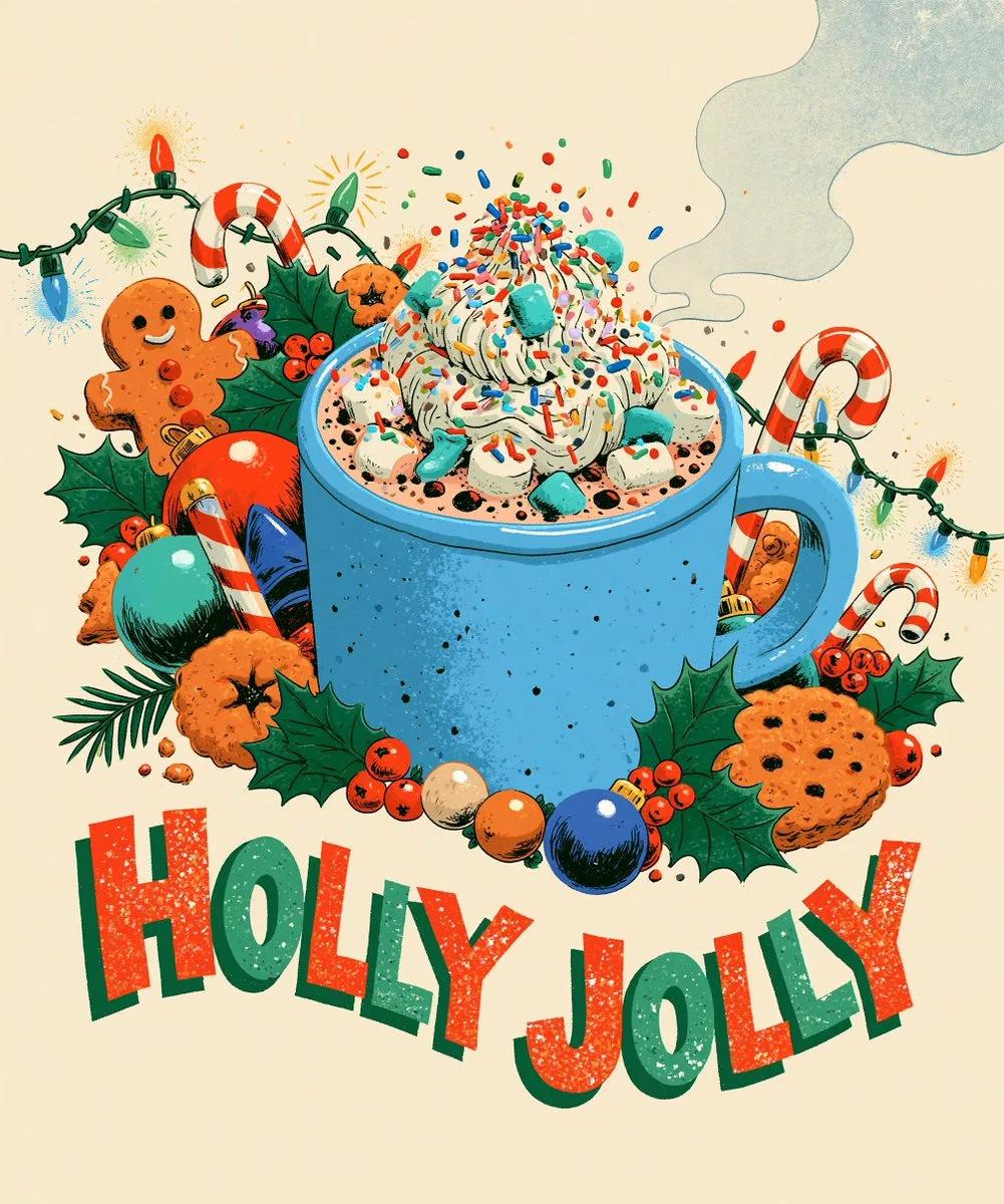 Festive Christmas Hot Chocolate Illustration with Holiday Decorations - Image prompt preview