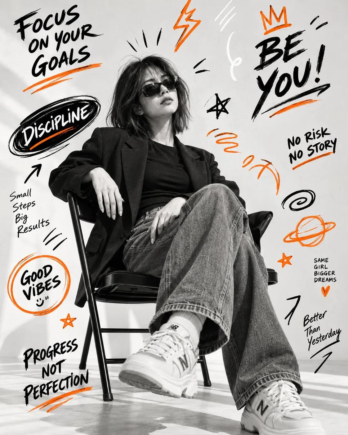 Black-and-White Fashion Editorial Poster with Hand-Drawn Motivational Doodles - Image prompt preview