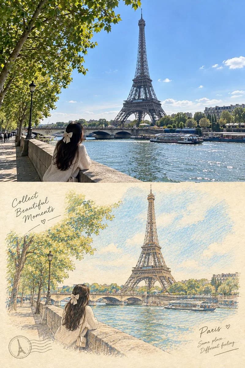Split Travel Journal Poster with Hand-Drawn Watercolor Half - Image prompt preview