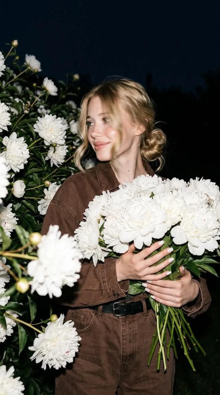 Candid nighttime portrait with white peonies - Image prompt preview