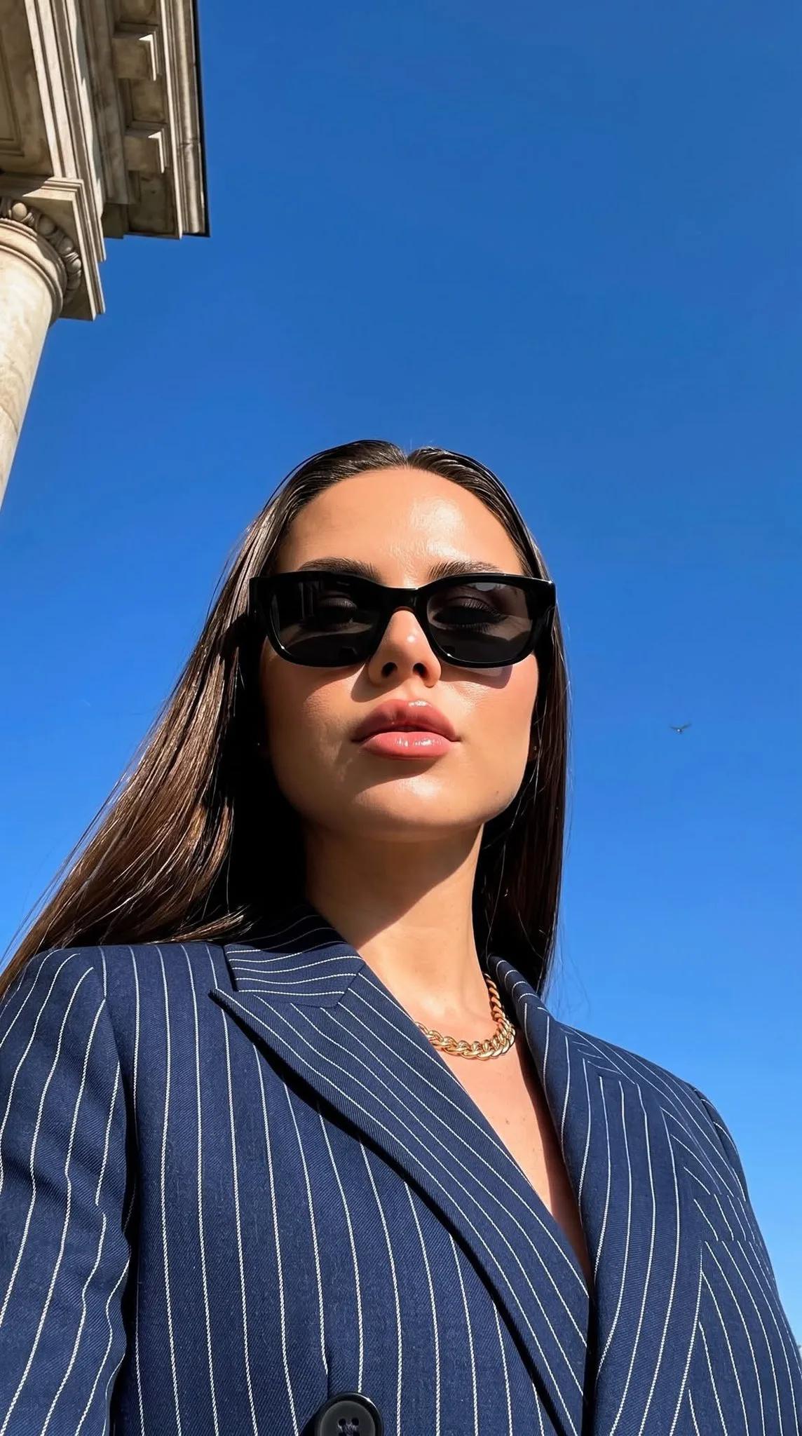 Navy Pinstripe Blazer Luxury Editorial Portrait - Image prompt preview