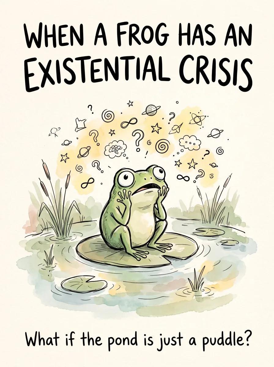 Whimsical Existential Frog Illustration Poster - Image prompt preview