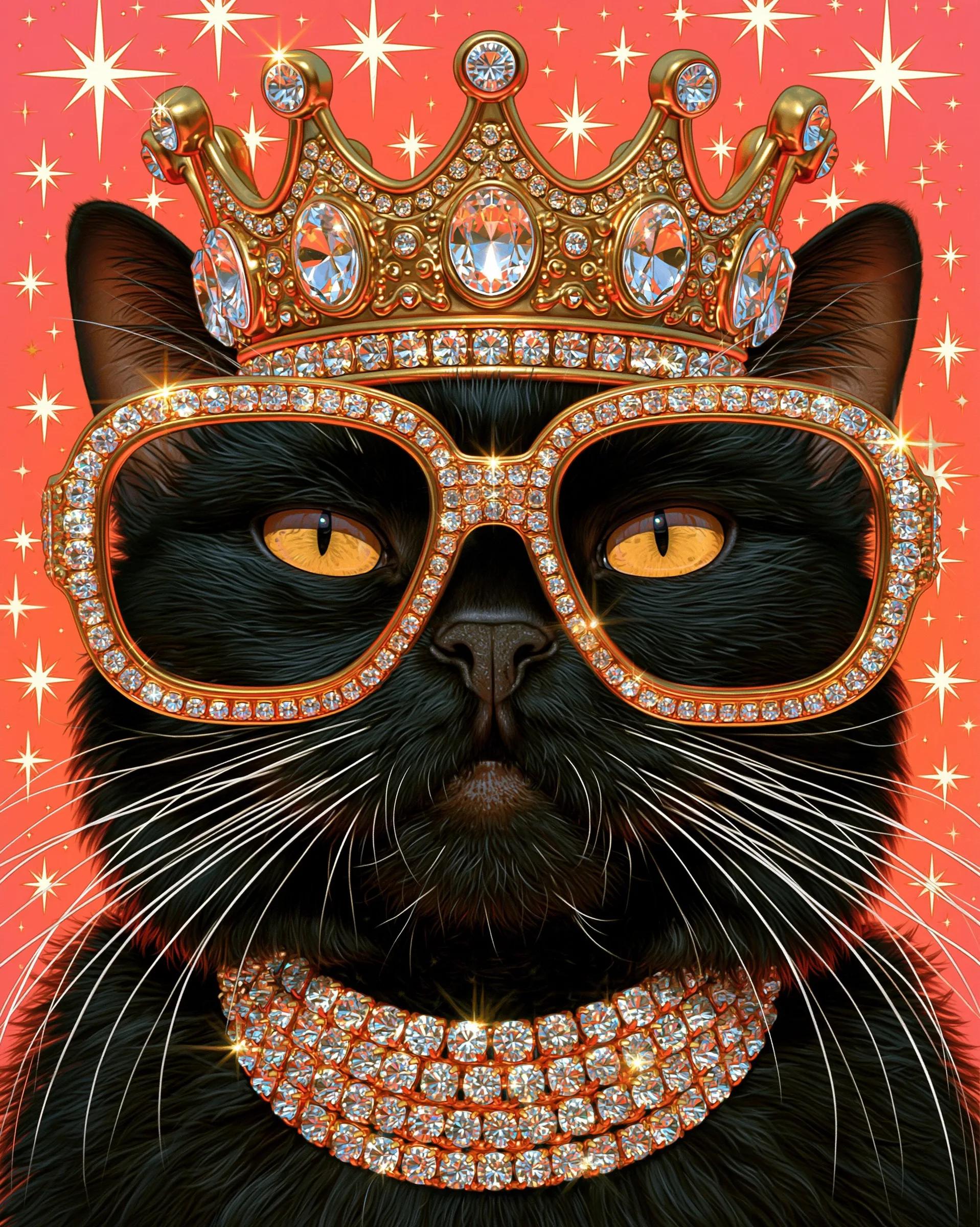 Glamorous crowned cat portrait on pink starburst background - Image prompt preview