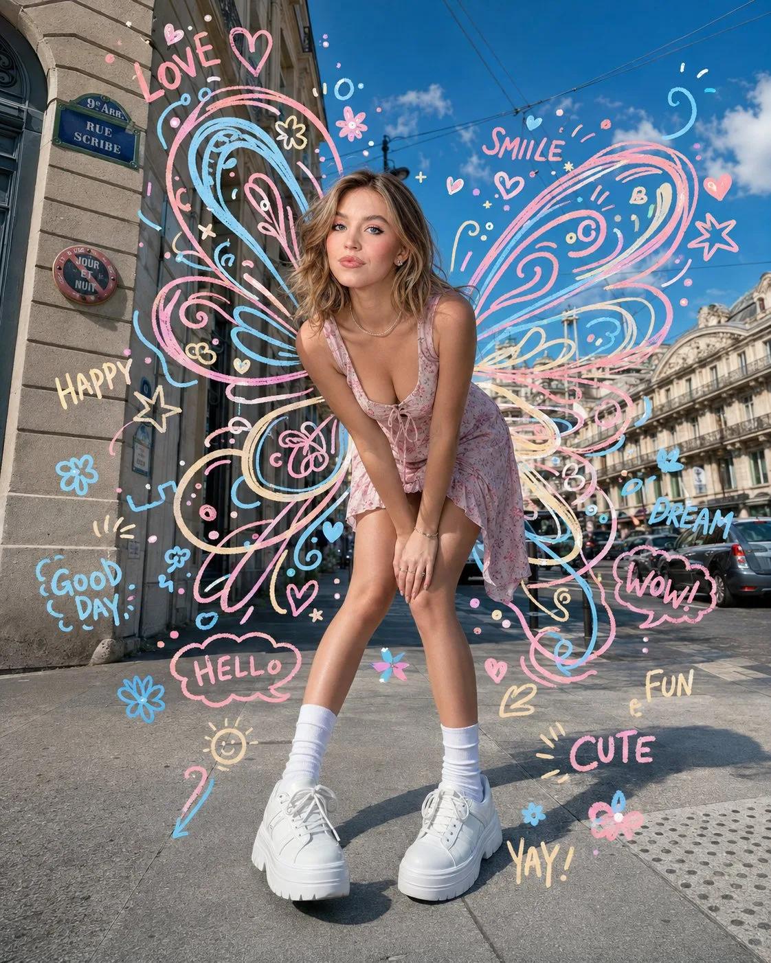 Ultra-realistic travel portrait with hand-drawn pastel butterfly wings - Image prompt preview