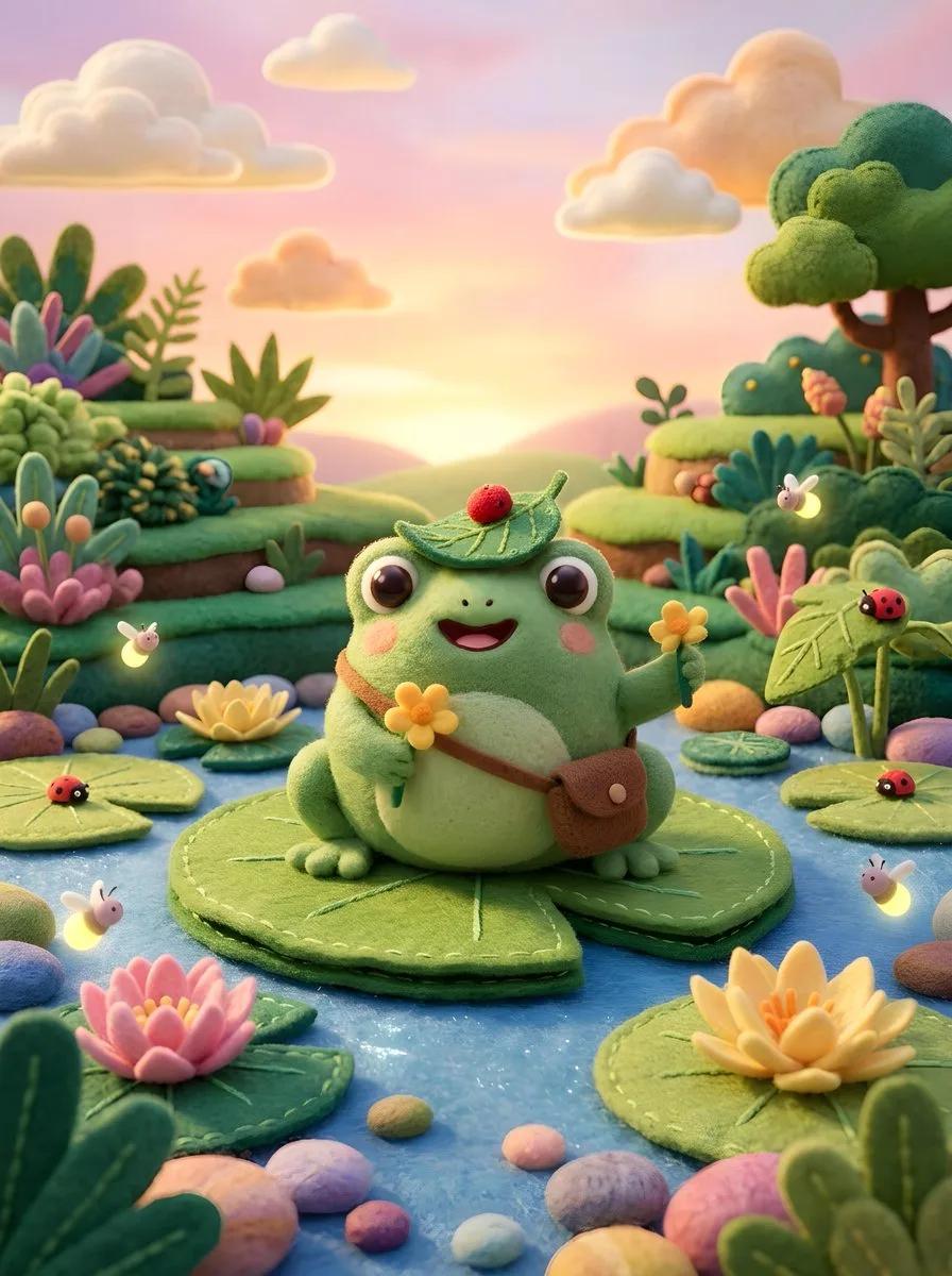 3D Felt-Style Cartoon Frog on a Lily Pad - Image prompt preview