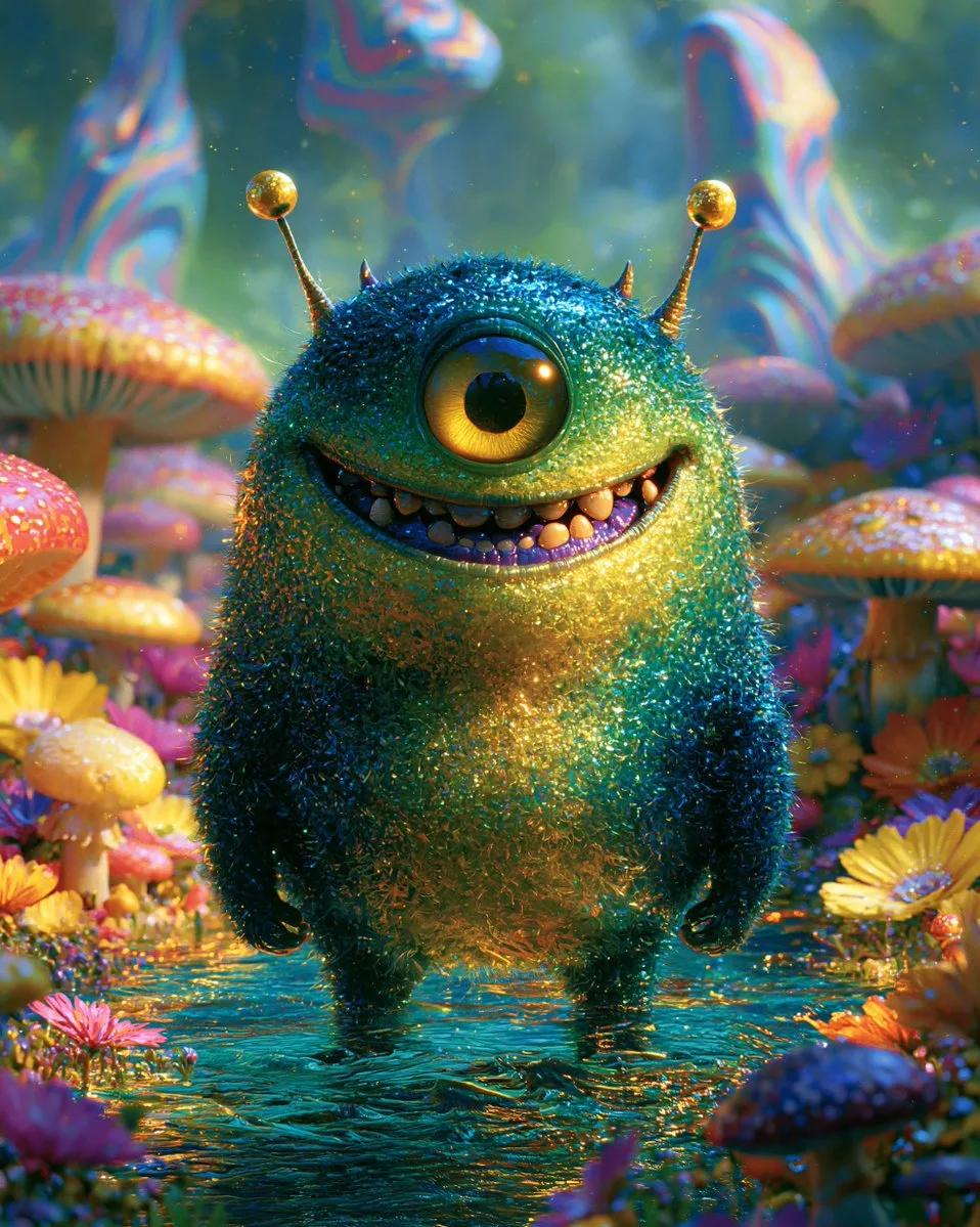 Whimsical One-Eyed Green Monster in Surreal Mushroom Landscape - Image prompt preview