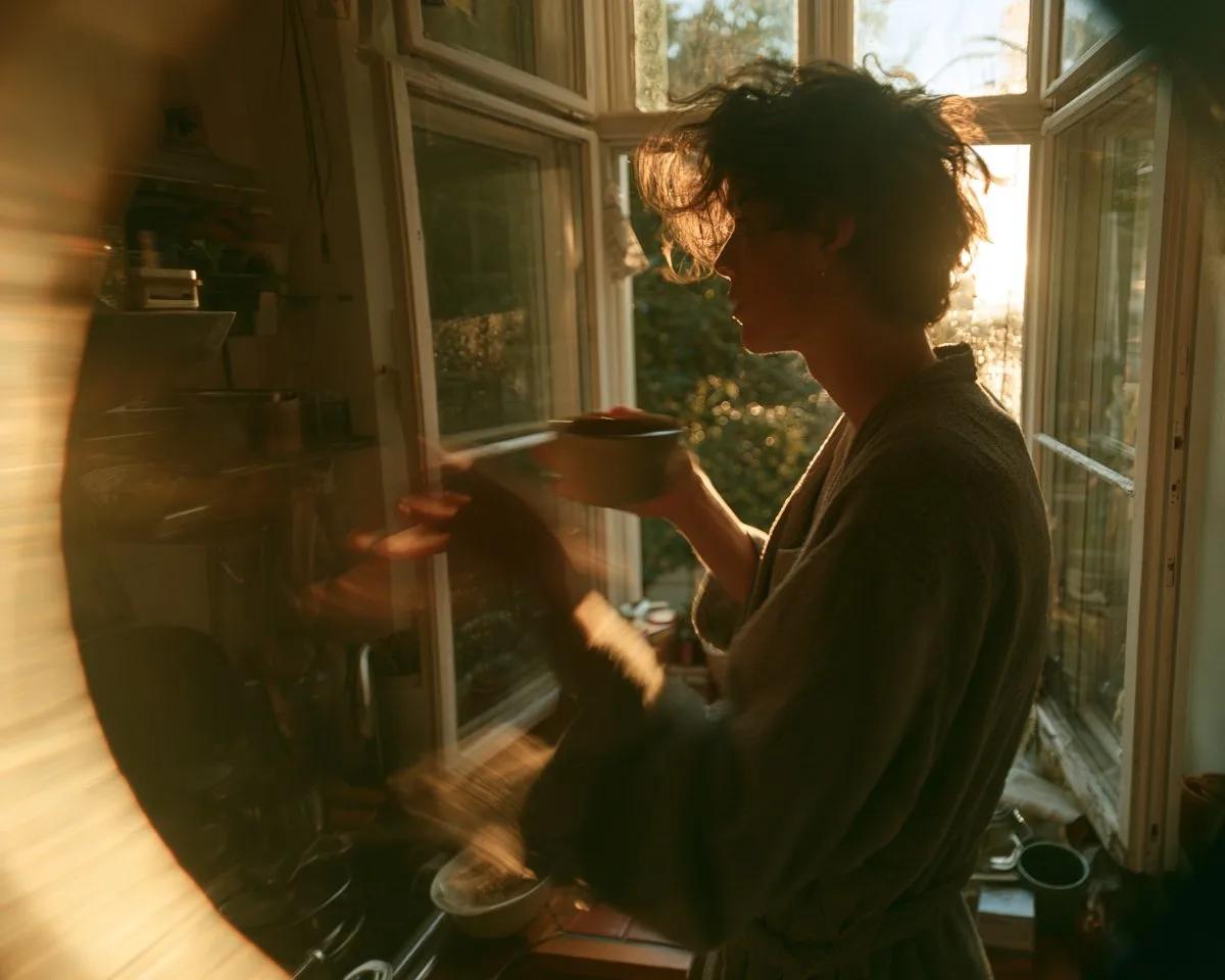 Soft Pinhole Morning Coffee Portrait - Image prompt preview