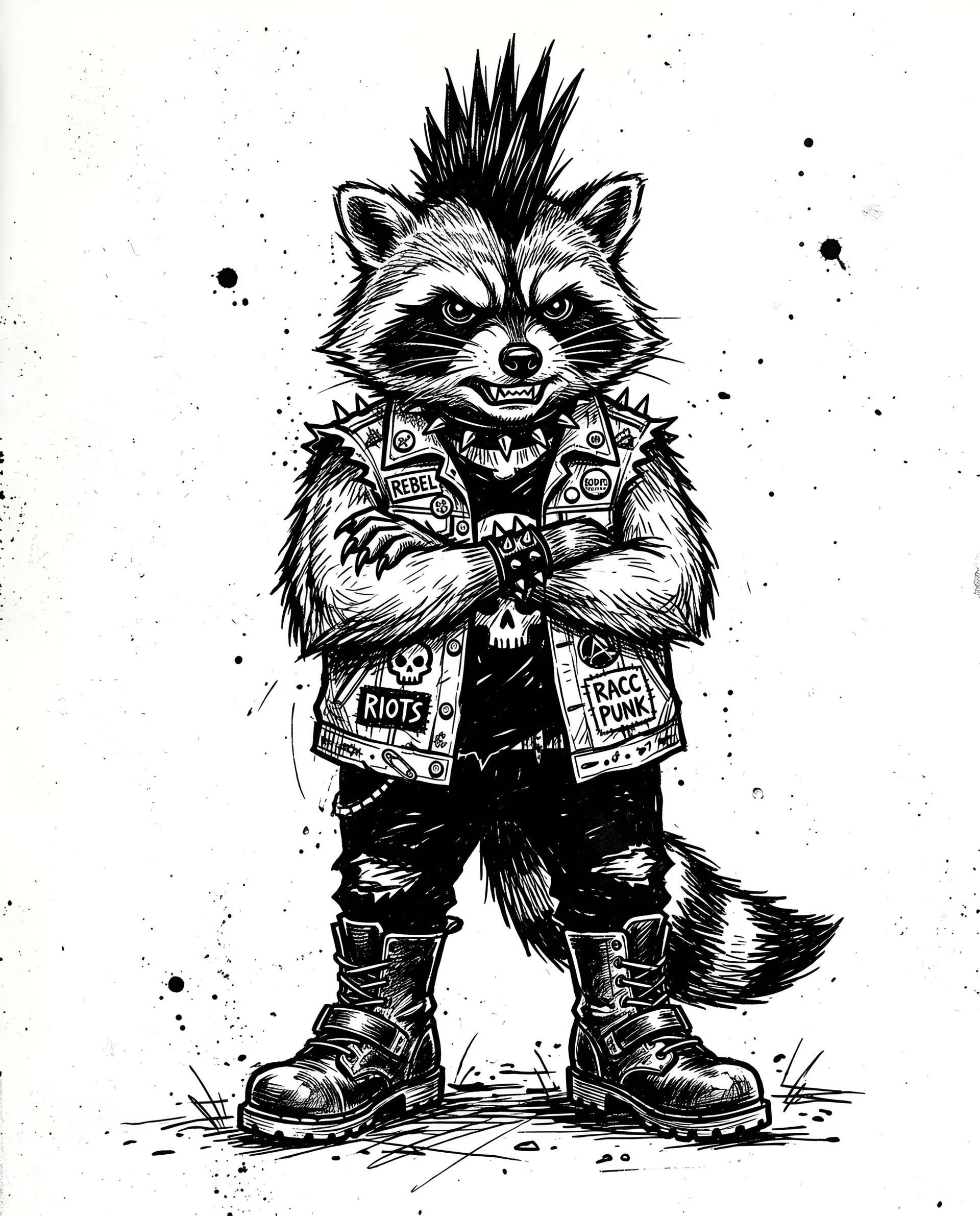 Punk Rock Raccoon Ink Illustration - Image prompt preview