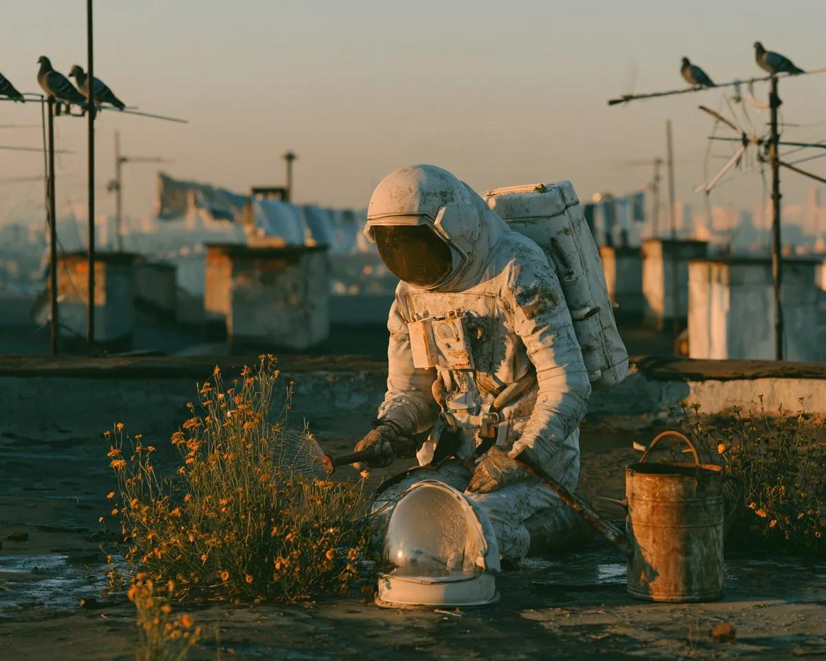Weary Astronaut Tending Rooftop Wildflowers at Dawn - Image prompt preview