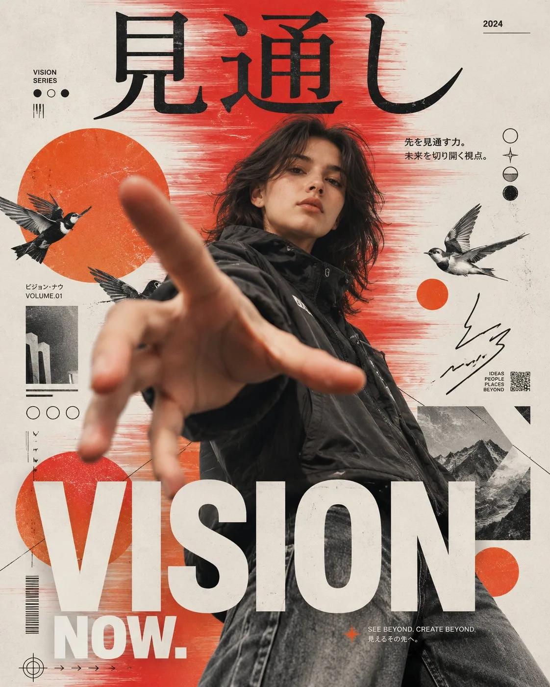 Experimental Japanese editorial fashion poster with bold calligraphy typography - Image prompt preview