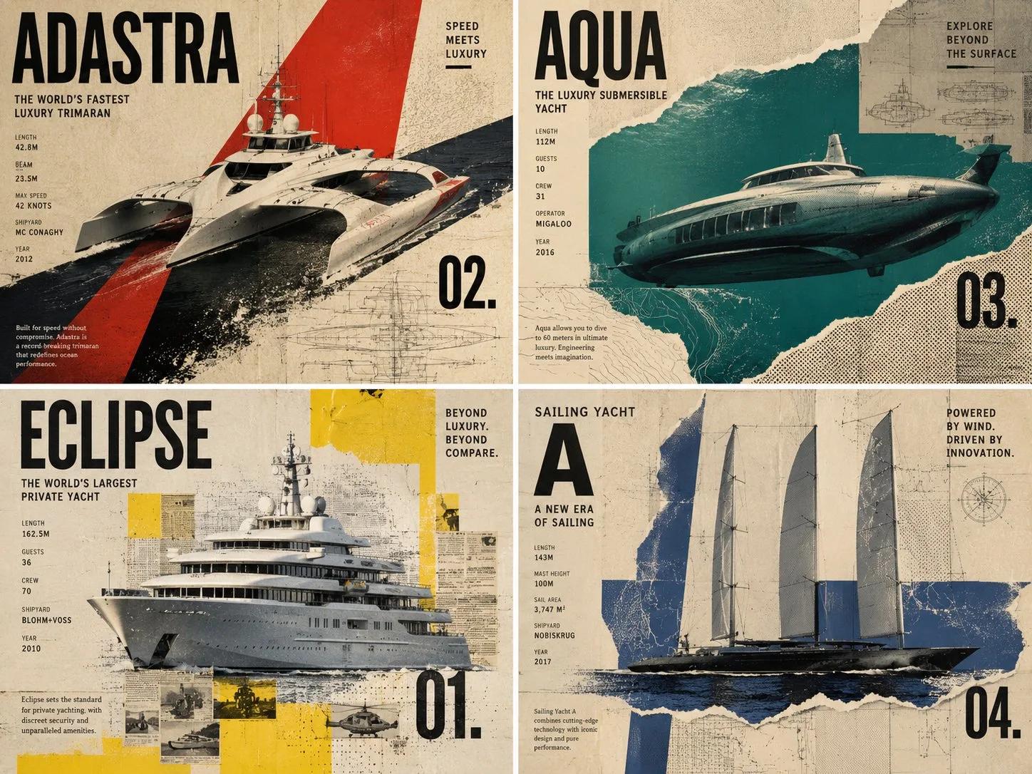 2x2 Grid of Unusual Real Luxury Yachts in Poster-Movement Poster Style - Image prompt preview