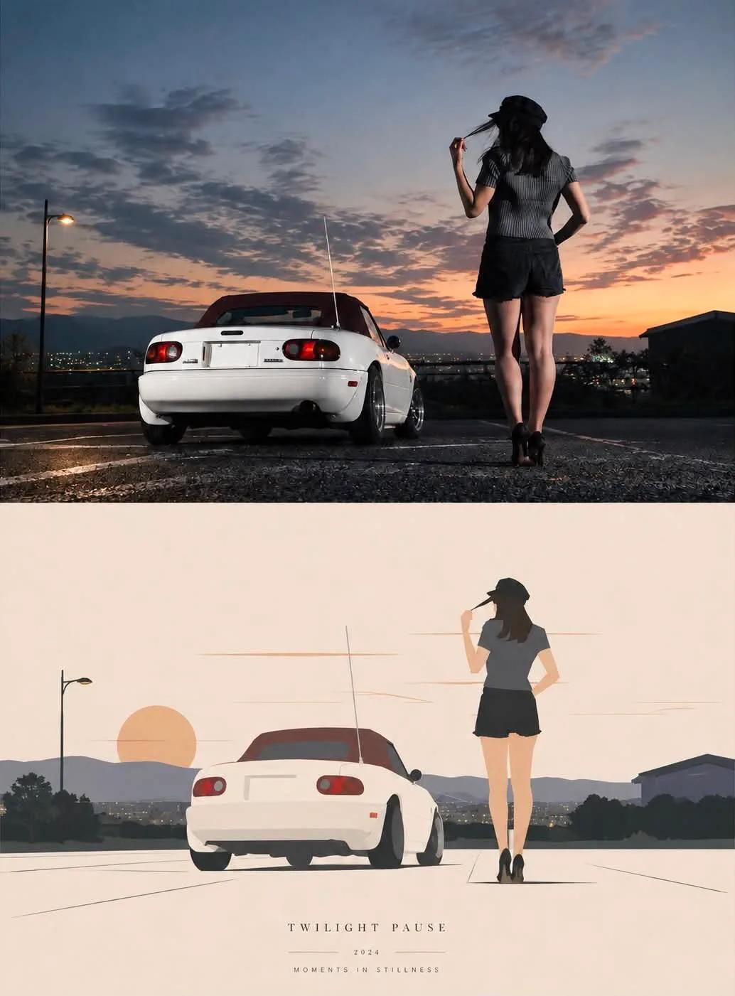 Twilight Pause: Cinematic Photo and Anime Illustration Split Poster - Image prompt preview