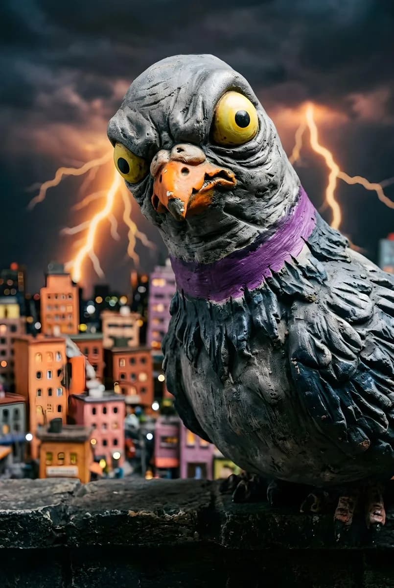 Grotesque Stylized Pigeon Sculpture with Miniature Cityscape - Image prompt preview