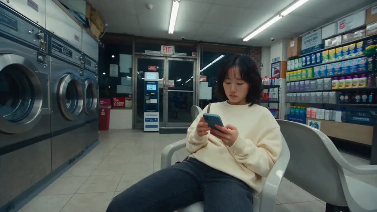 Late-Night Laundromat Smartphone Vlog - Video prompt preview