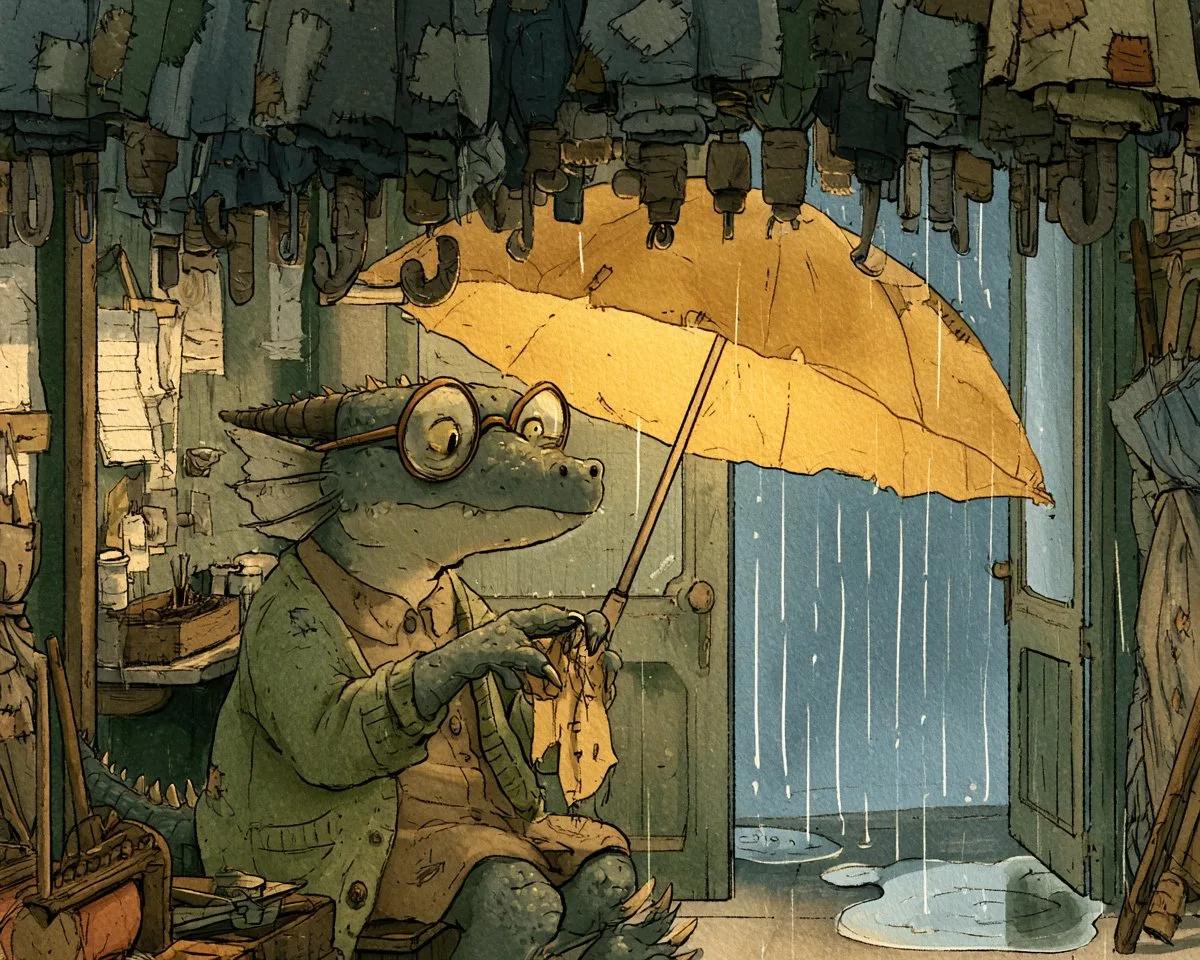 Elderly Dragon Mending Umbrellas in a Rainy Shop - Image prompt preview