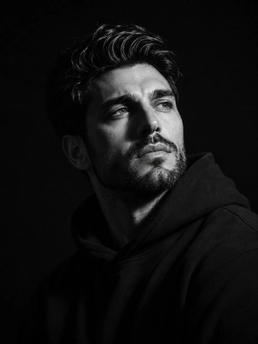 Black-and-White Rembrandt Portrait of a Bearded Man in a Hoodie - Image prompt preview