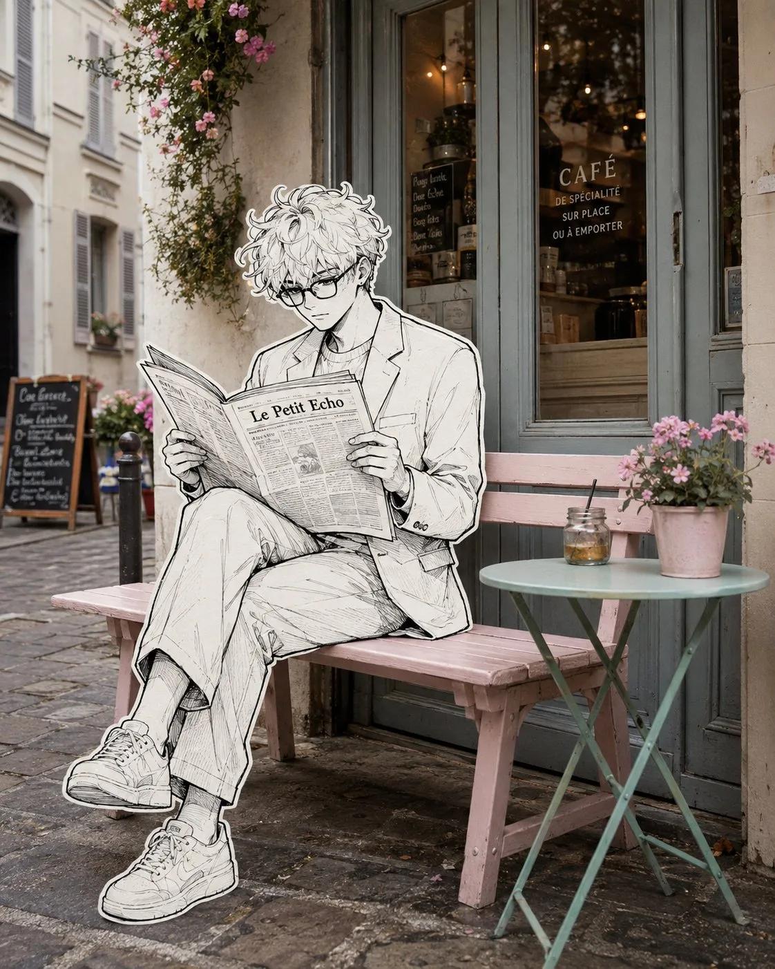 Parisian Café With Illustrated Woman on Bench - Image prompt preview