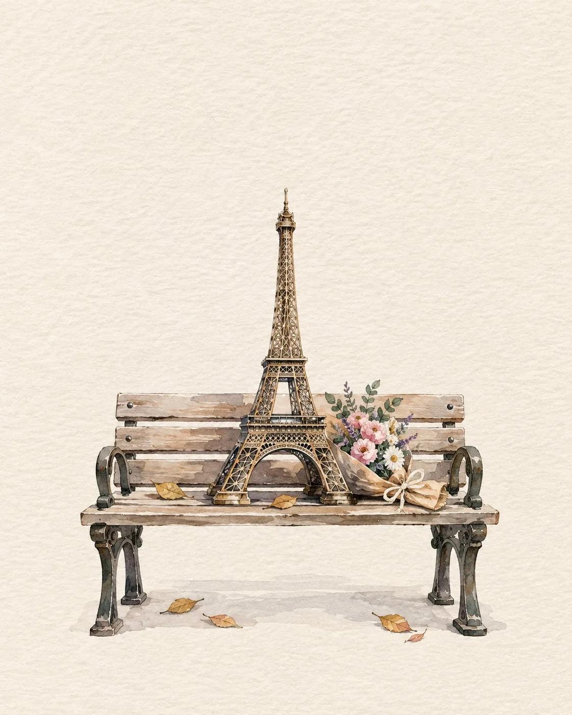 Whimsical Watercolor Architectural Miniature on a Park Bench - Image prompt preview