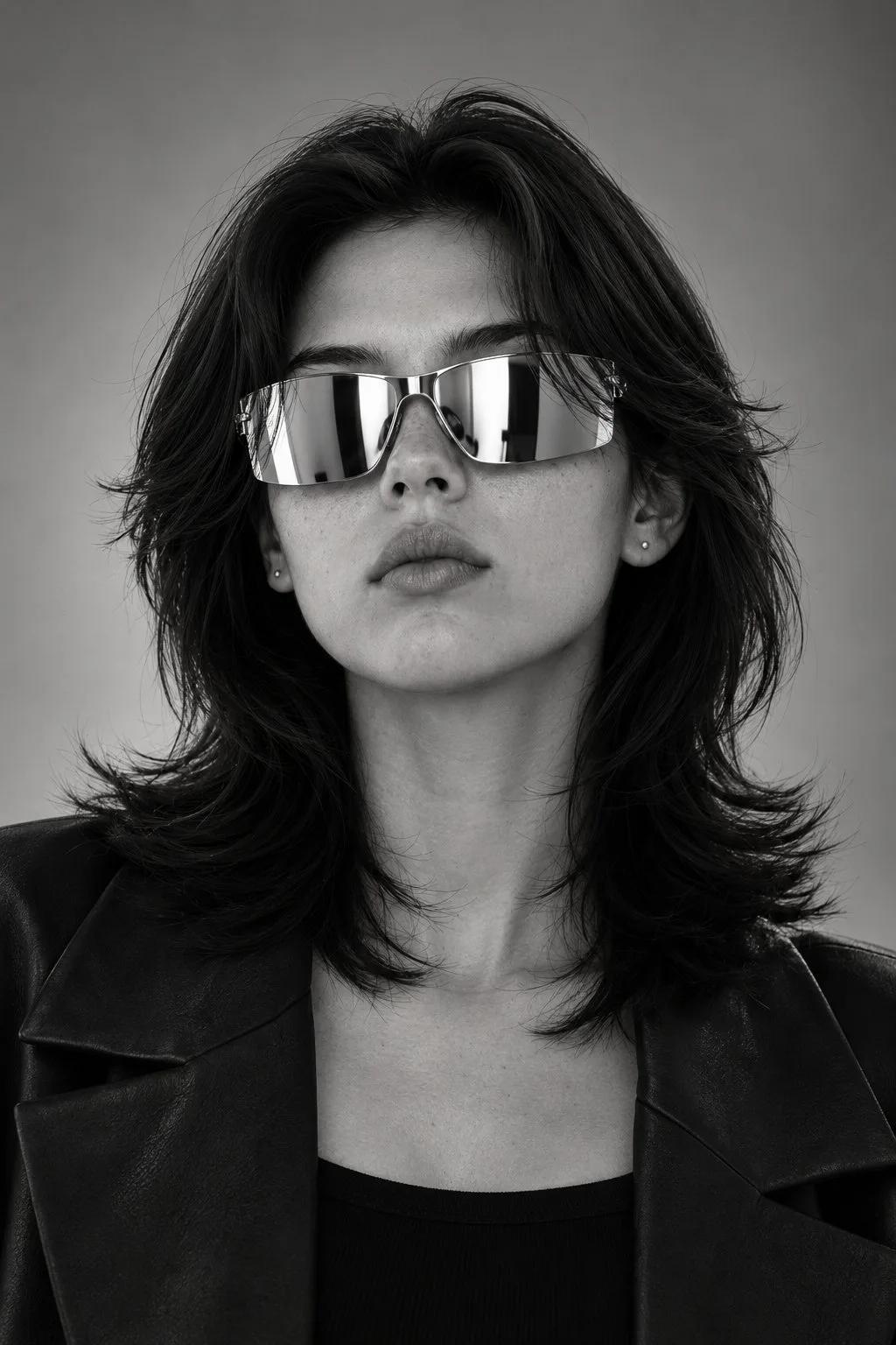 Ultra-Realistic Black and White Editorial Portrait with Mirrored Sunglasses - Image prompt preview