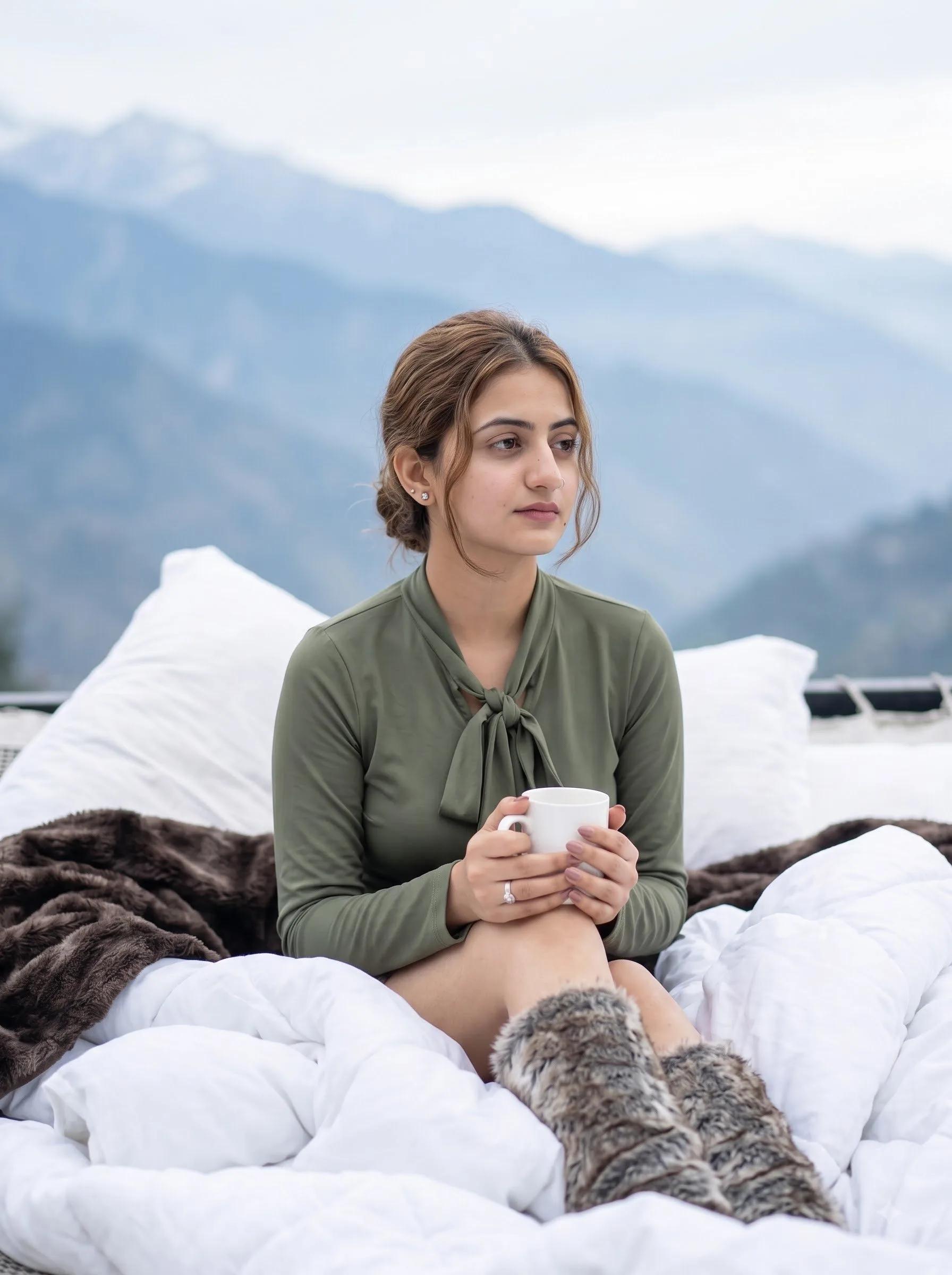 Serene Mountain Portrait with Mug - Image prompt preview