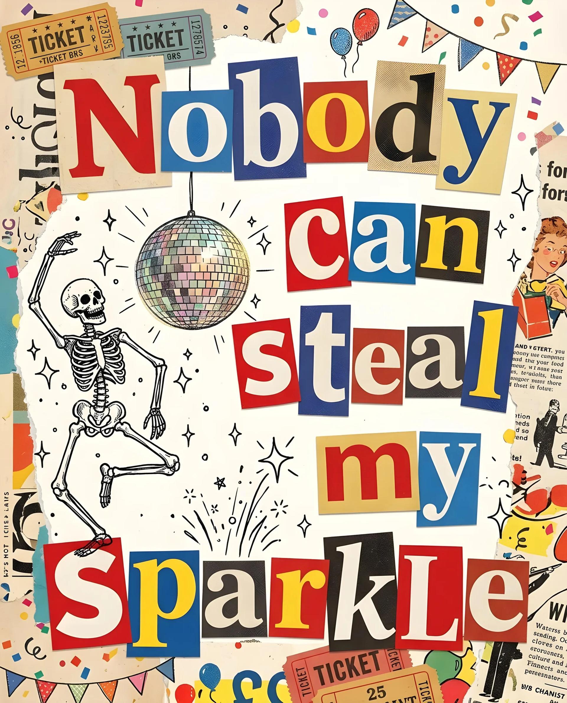 Magazine Letter Cut-Out Collage with Dancing Skeleton and Disco Ball - Image prompt preview