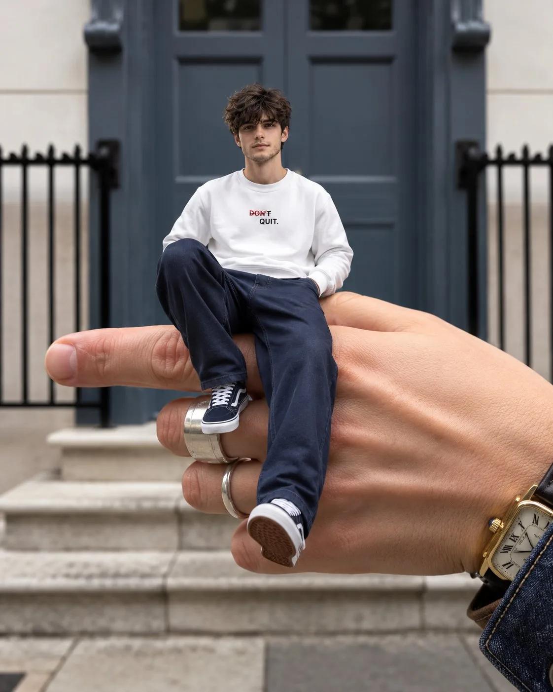 Surreal Miniature Man on a Giant Hand - Image prompt preview