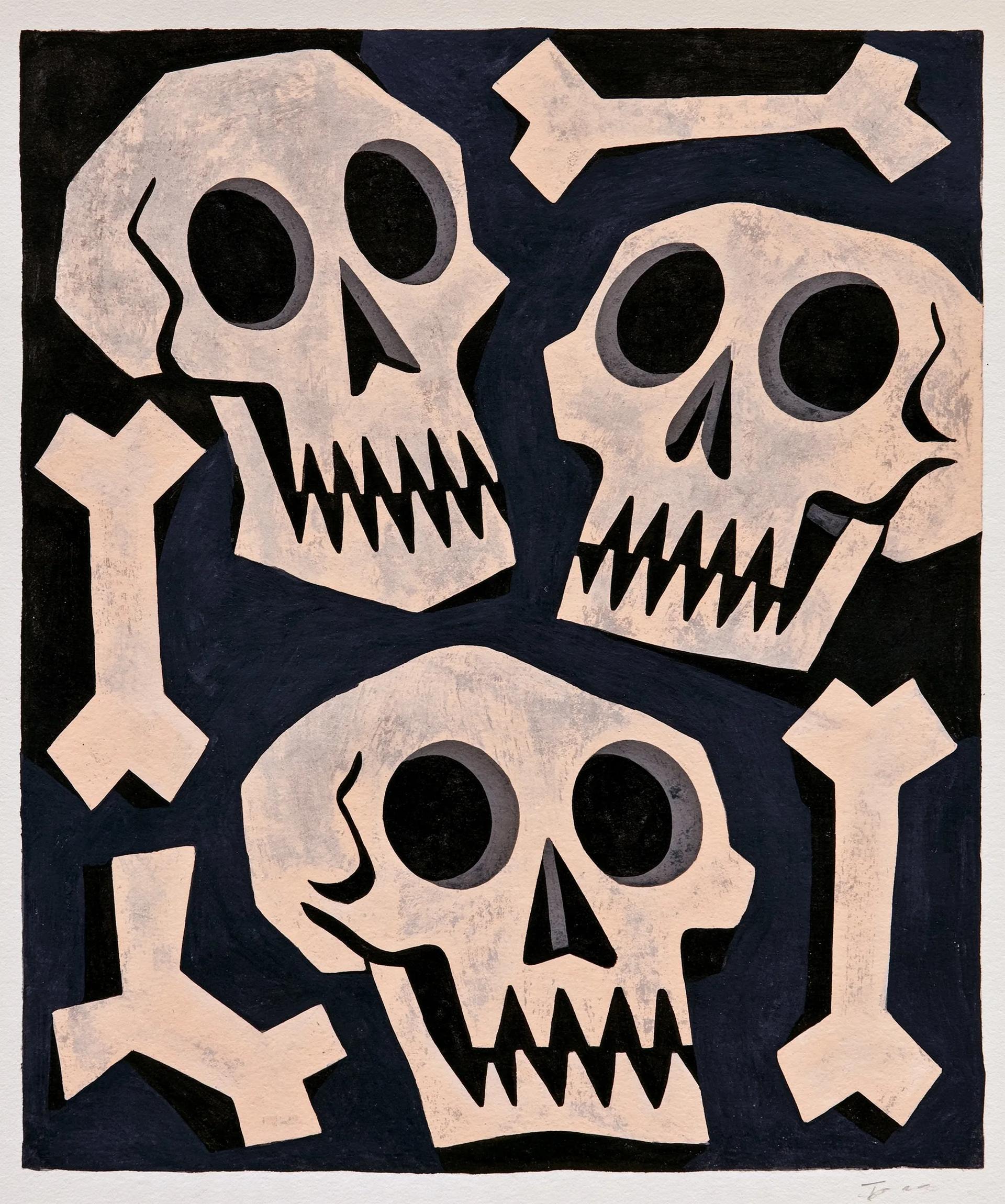 Playful Cartoon Skulls and Bones on Dark Blue - Image prompt preview