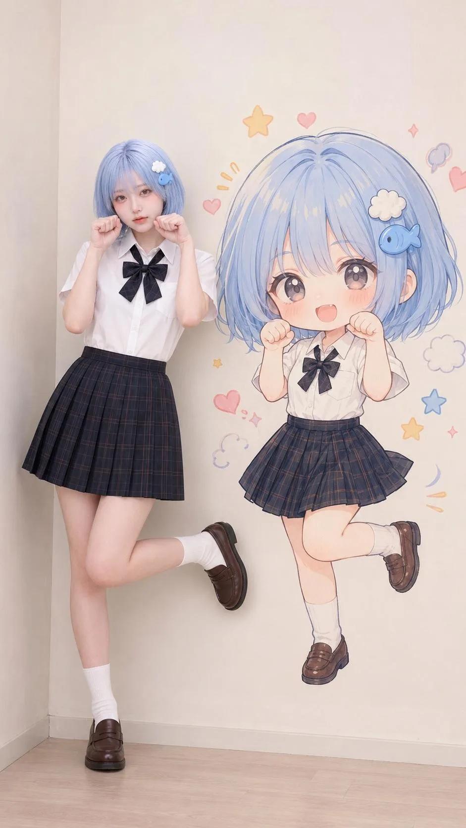 Real Person Beside Chibi Wall Illustration - Image prompt preview