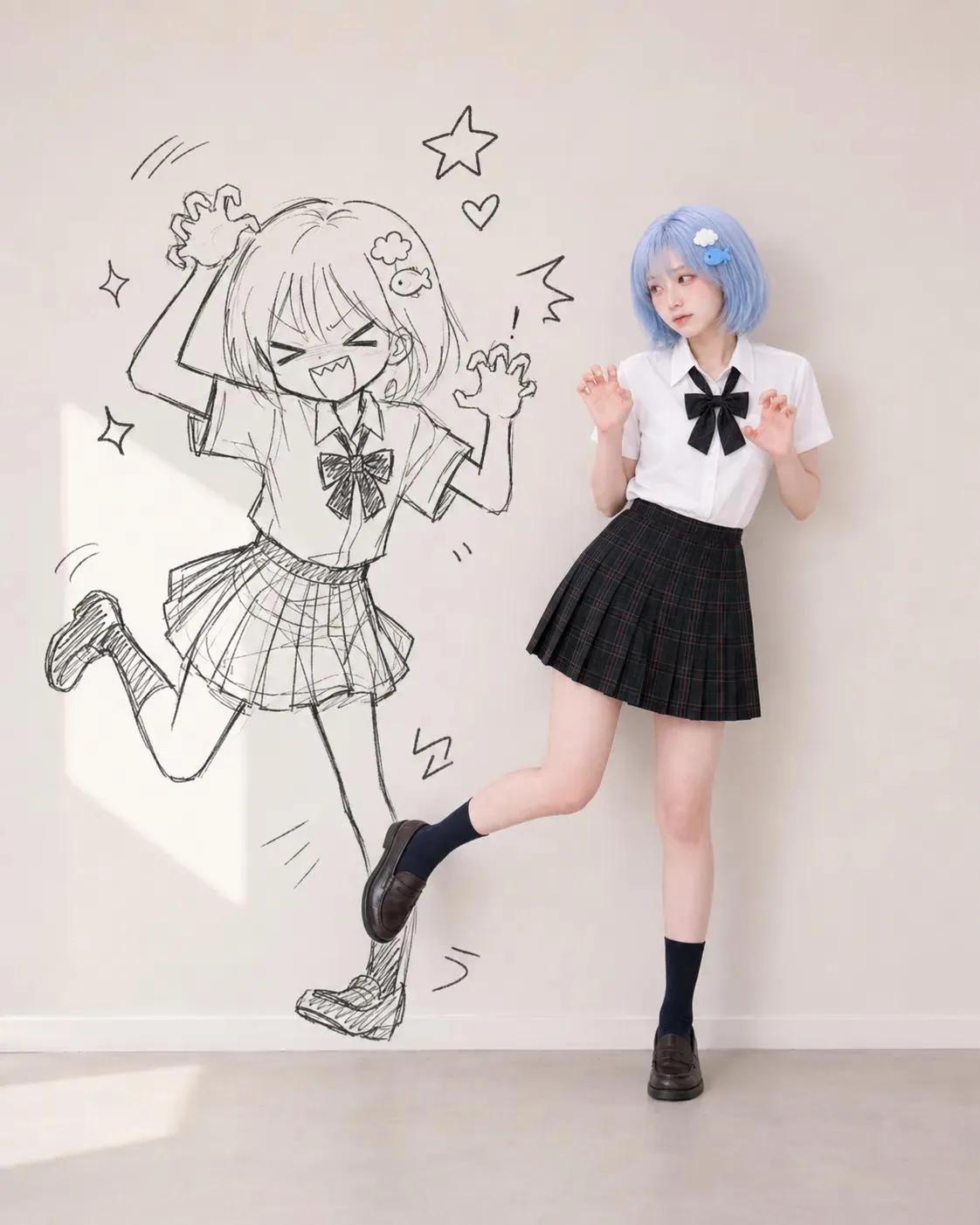 Realistic Person vs Doodle Shadow Portrait - Image prompt preview
