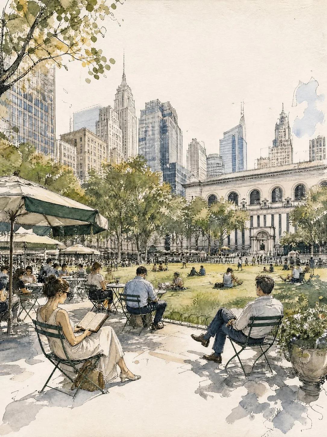 Vintage Watercolor Manhattan Park Afternoon - Image prompt preview