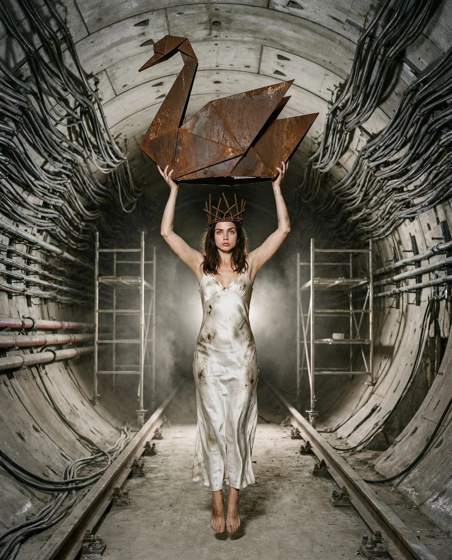 Surreal Heavy Metal Swan Flight in a Derelict Subterranean Tunnel - Image prompt preview