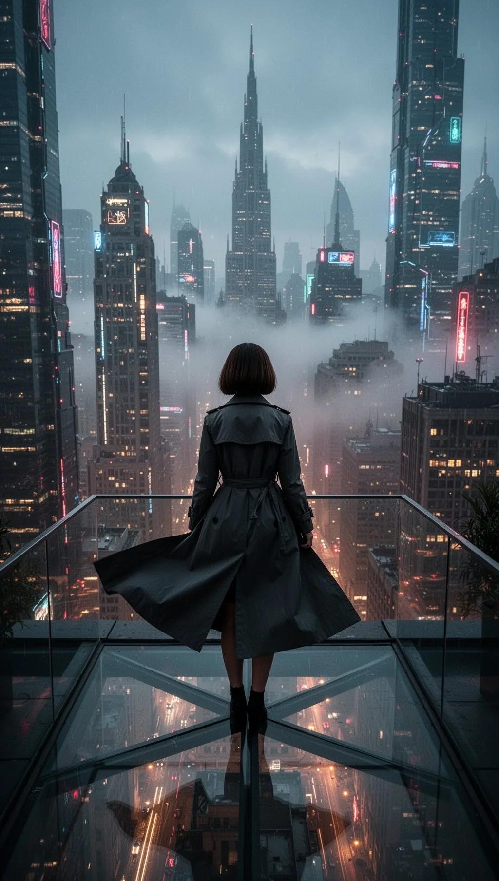 Brunette silhouette over neon city rooftop - Image prompt preview