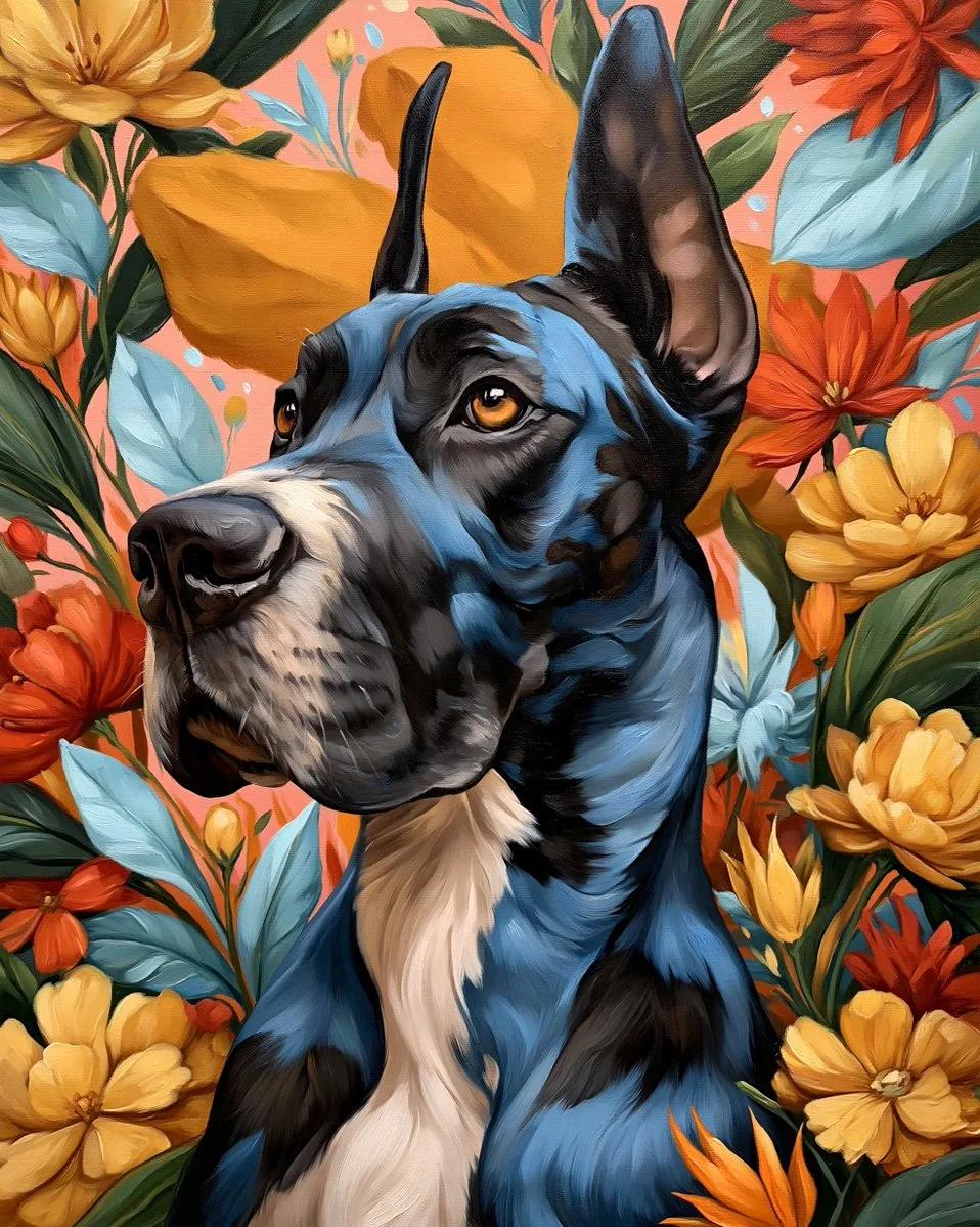 Vibrant Oil Painting of a Great Dane on Floral Pink Background - Image prompt preview