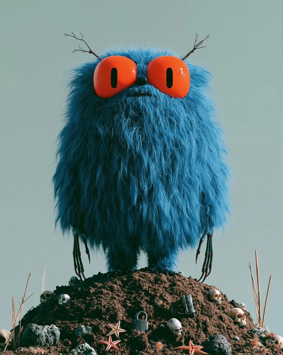 Whimsical Blue Creature with Wide Orange Eyes - Image prompt preview