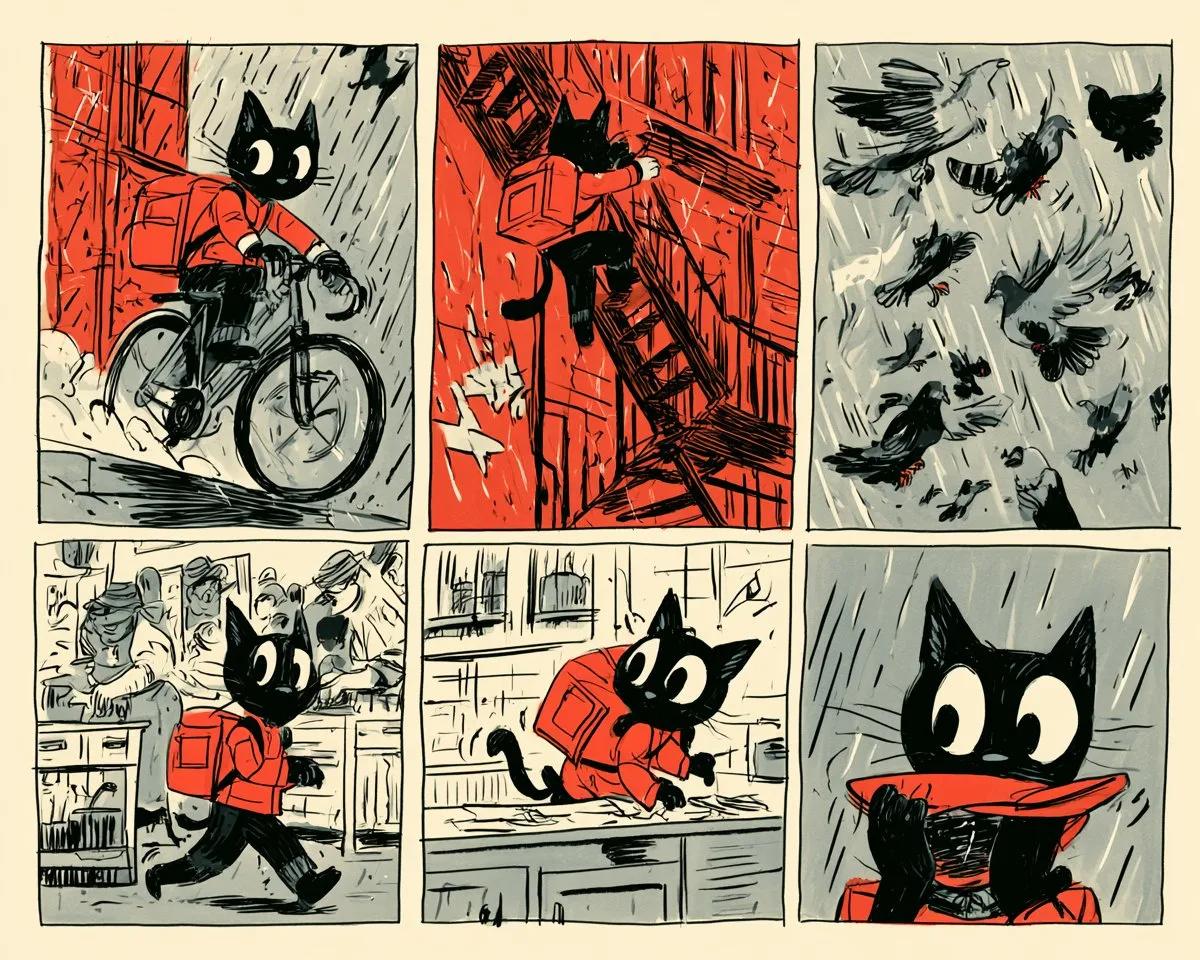 Black Cat Courier Six-Panel Consistency Test - Image prompt preview