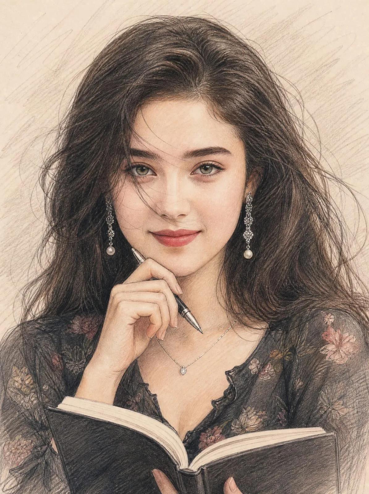 Colored Pencil Portrait of a Thoughtful Young Woman - Image prompt preview