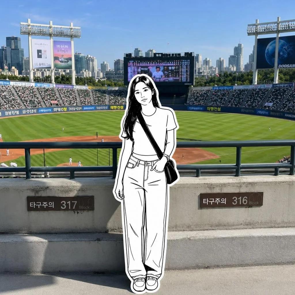 Photo-realistic scene with hand-drawn black-and-white anime doodle girl overlay - Image prompt preview