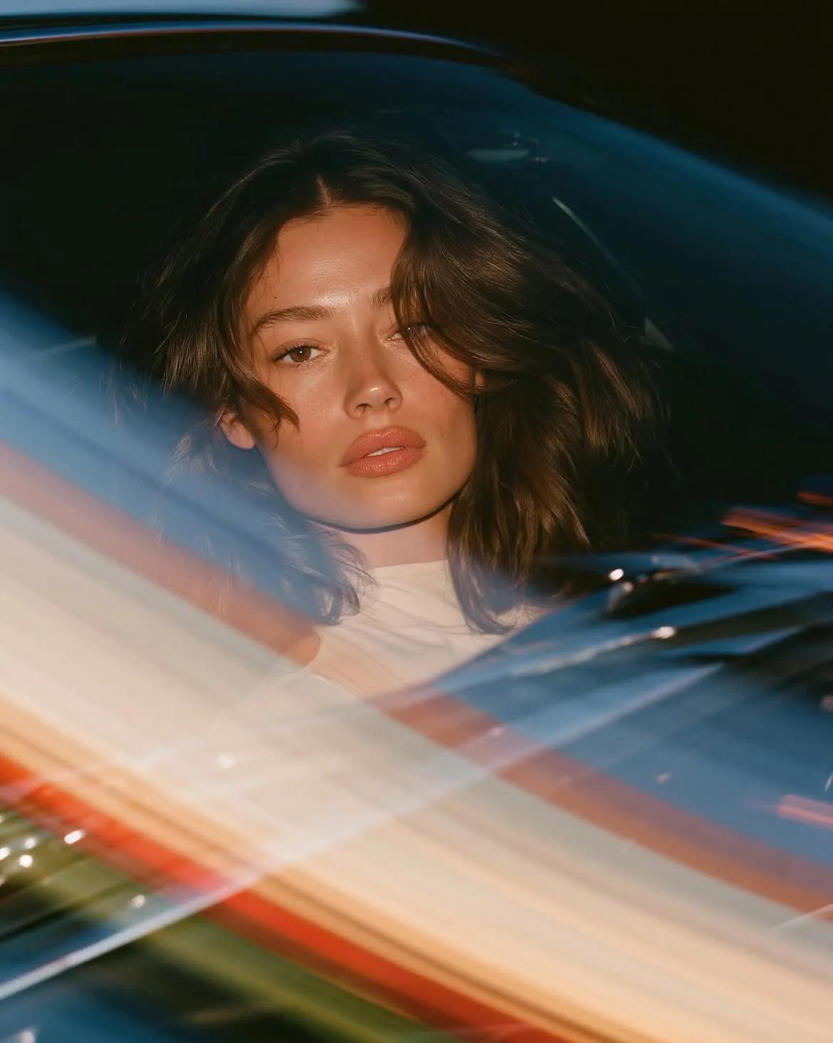 Luminous Analog Portrait Through Vintage Car Window - Image prompt preview