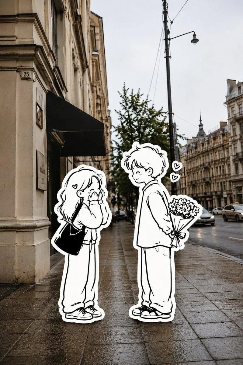 Minimalist Sticker Characters on Photorealistic Street - Image prompt preview