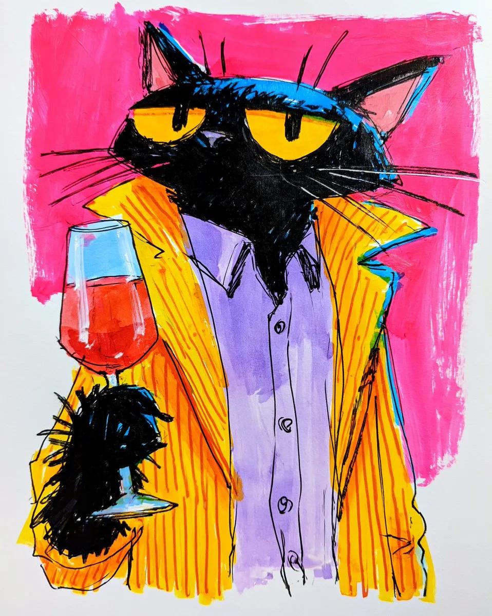 Stylized Black Cat in Striped Jacket Holding a Wine Glass - Image prompt preview