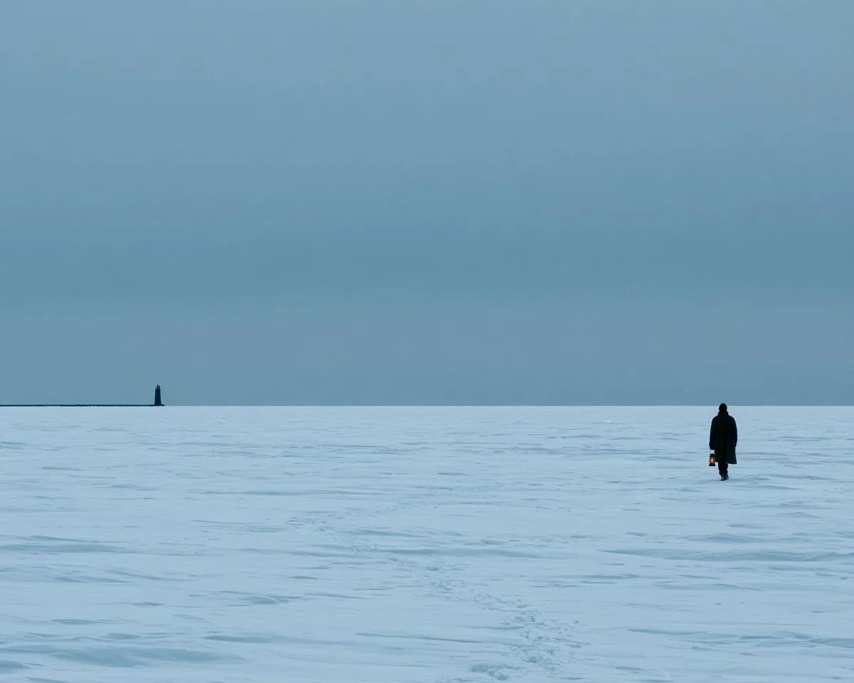 Lone Lighthouse Keeper on a Frozen Lake - Image prompt preview