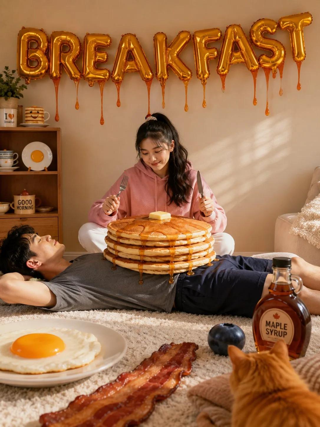Whimsical Breakfast Indoor Photoshoot with Surreal Props - Image prompt preview