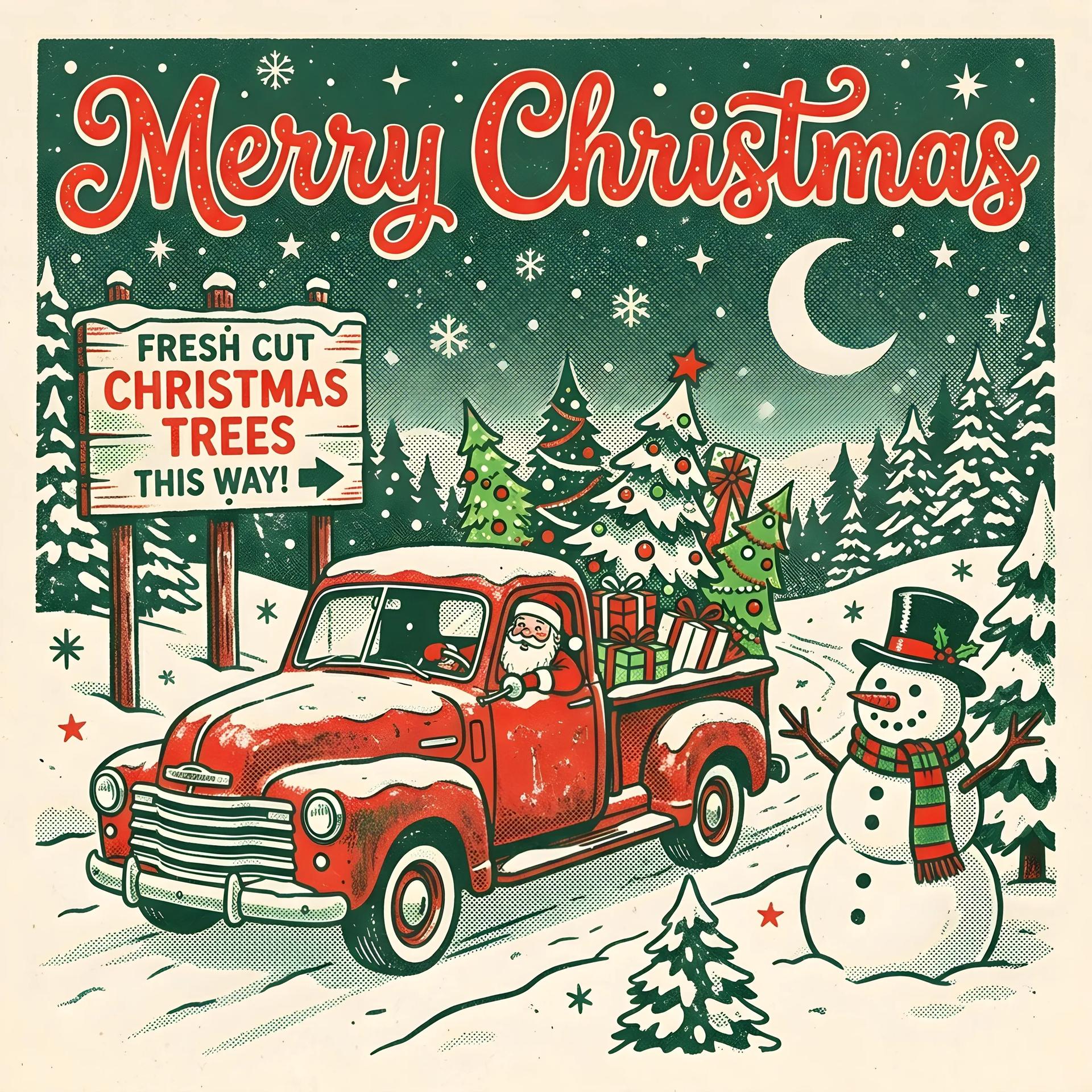 Vintage Risograph Christmas Truck with Santa and Snowman - Image prompt preview