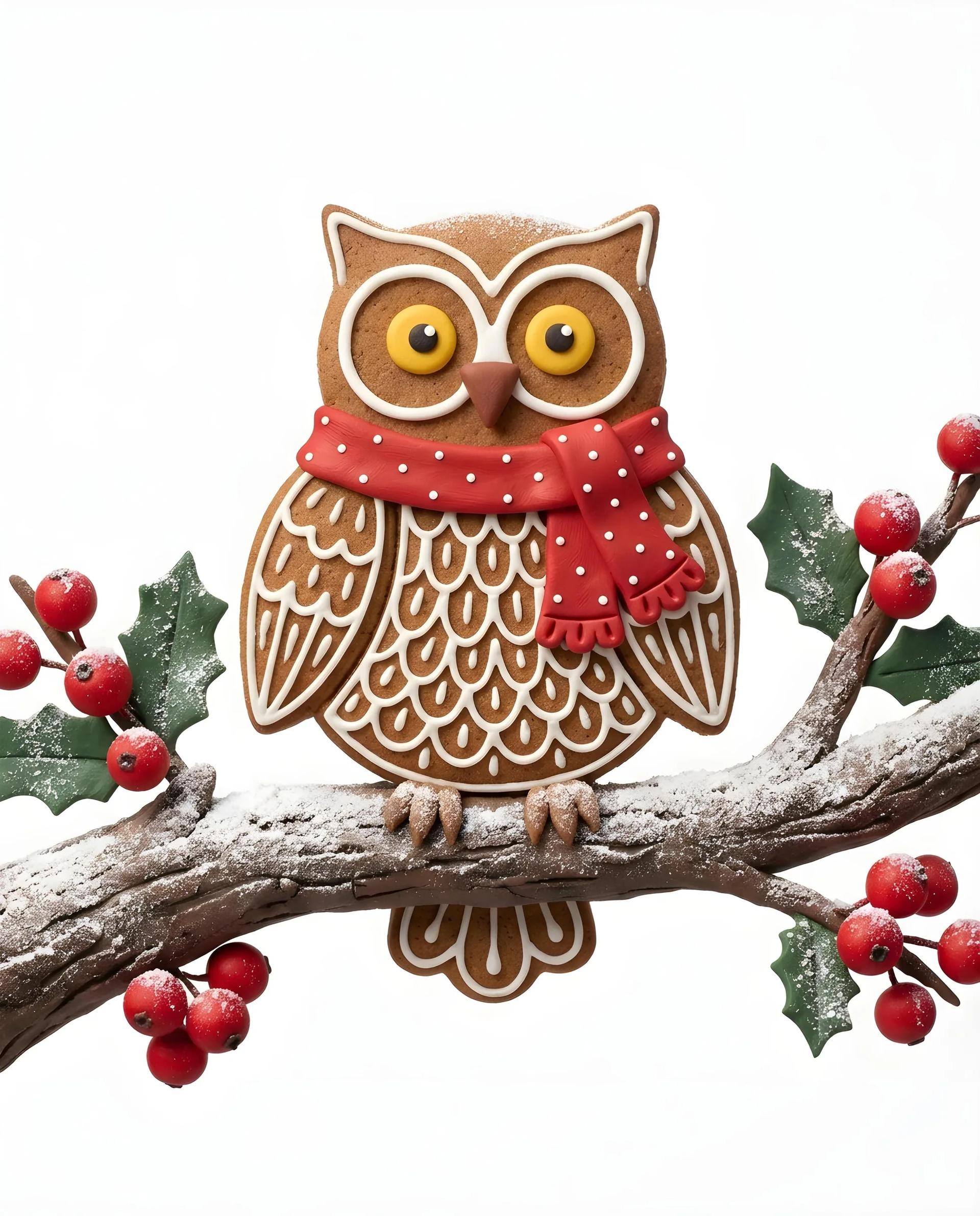 Stop-Motion Gingerbread Owl Cookie on Snowy Branch - Image prompt preview