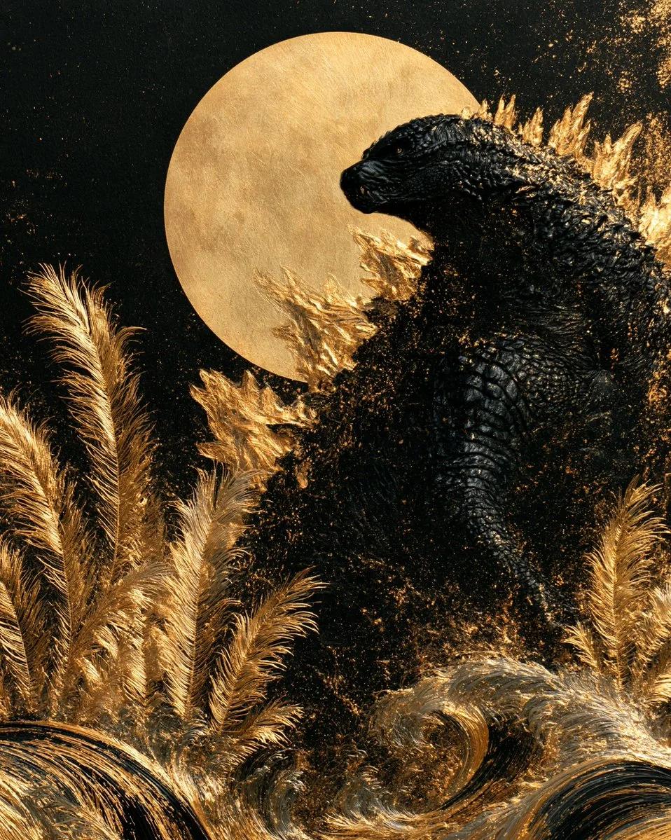 Black Godzilla Silhouette with Golden Accents - Image prompt preview