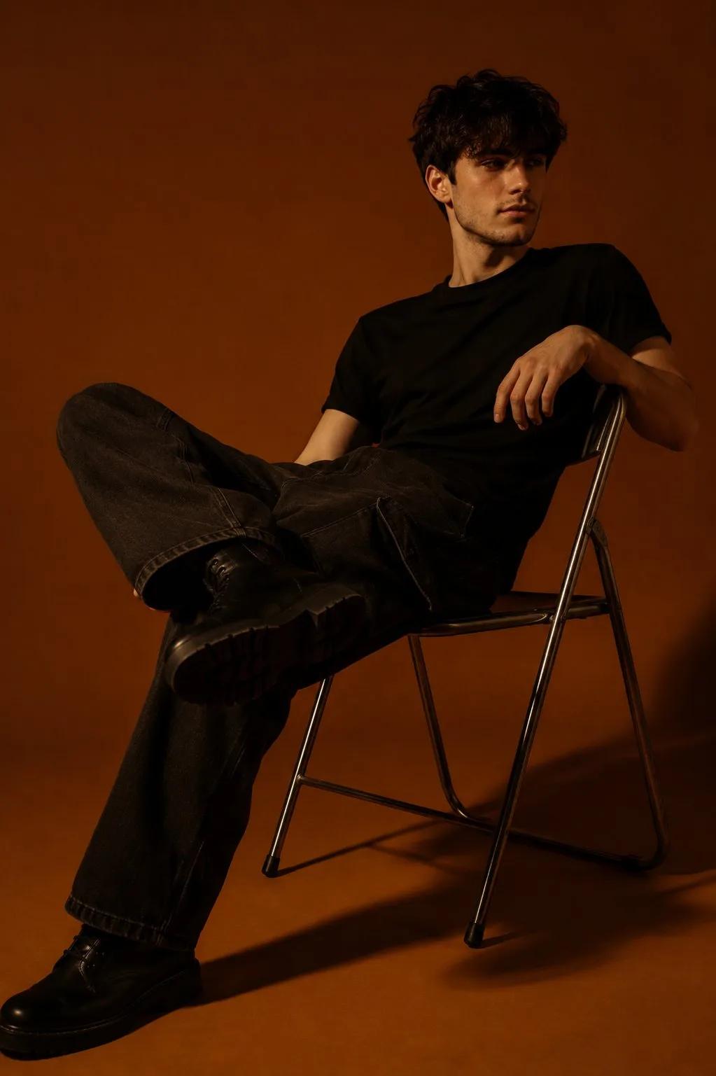 Moody Studio Portrait of a Young Man on a Metal Chair - Image prompt preview