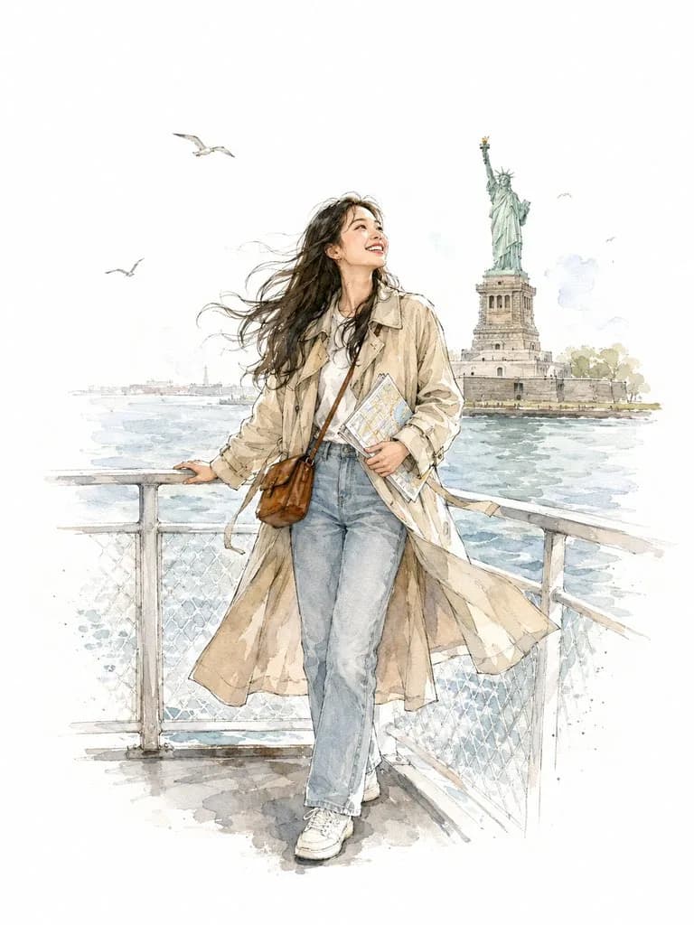 Watercolor Korean traveler by the Statue of Liberty - Image prompt preview