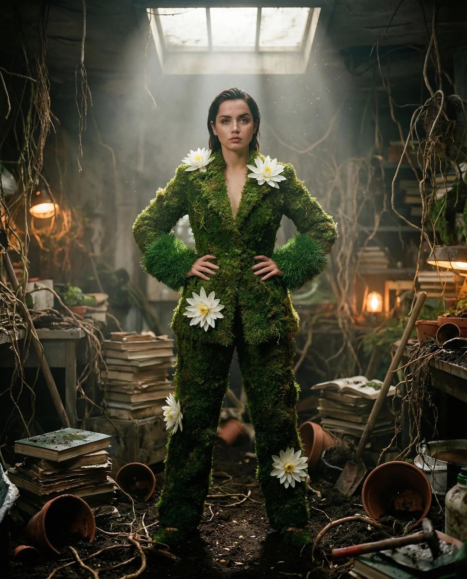 Botanical Chaos – Moss Suit in an Overgrown Lab - Image prompt preview
