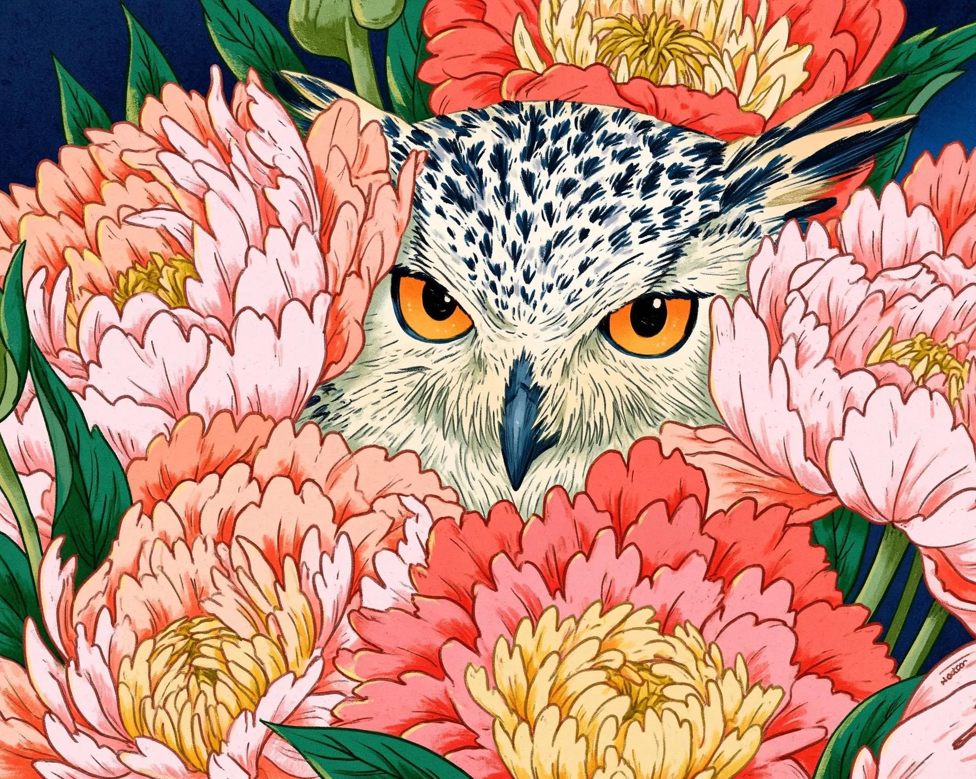 Owl framed by blooming peonies in coral and pink - Image prompt preview