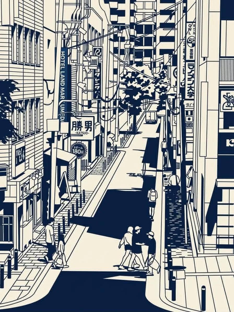 Navy and Ivory Japanese Urban Line-Art Illustration - Image prompt preview